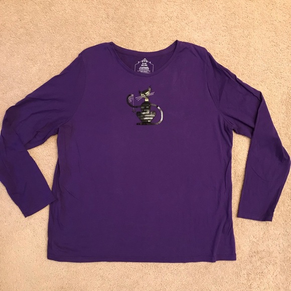Tops - Halloween Graphic Tee Womens Size 2X Purple Long Sleeve Sequin Black Cat Spider